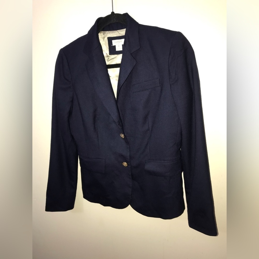 𝅺j. Crew Factory Womens Wool Blend Gold Buttons Schoolboy Navy Blazer Size 0 - Picture 6 of 15